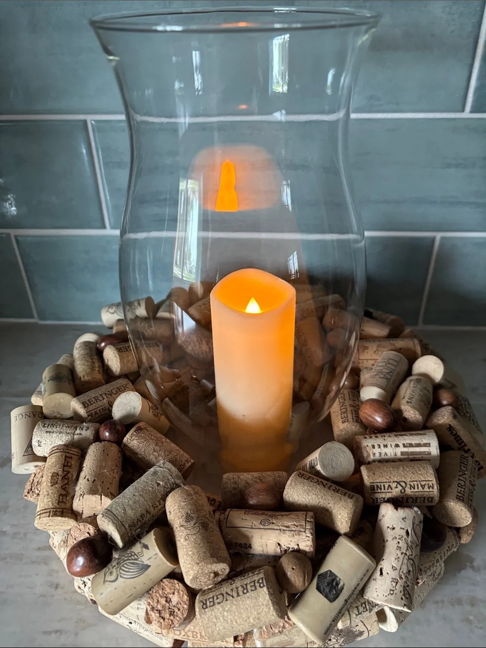 Hand Crafted Cork Wreath Lantern with Amber LED Candle